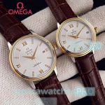 Omega De Ville Brown Leather Strap Lovers Replica Watch - Yellow Gold Bezel